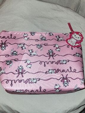 Disney Marie Pink Satin Cosmetic Bag Zip Closure Ls